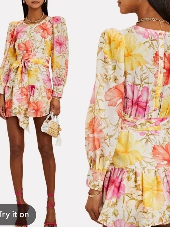 LoveShackFancy Dresses & Skirts - LoveShackFancy Floral Tie-Waist Mini Dress in Pink & Yellow